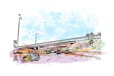 Medford 'un simgesi olan Print Building View Oregon' da bulunmaktadır. Vektörde elle çizilmiş resim ile suluboya sıçraması.