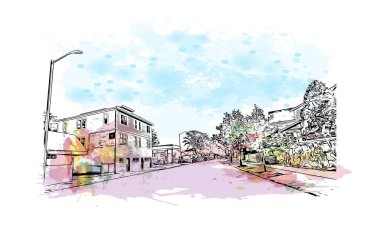 Medford 'un simgesi olan Print Building View Oregon' da bulunmaktadır. Vektörde elle çizilmiş resim ile suluboya sıçraması.