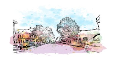 Medford 'un simgesi olan Print Building View Oregon' da bulunmaktadır. Vektörde elle çizilmiş resim ile suluboya sıçraması.