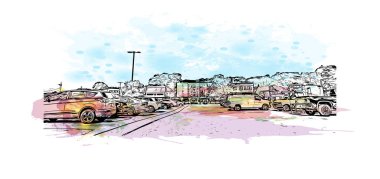 Medford 'un simgesi olan Print Building View Oregon' da bulunmaktadır. Vektörde elle çizilmiş resim ile suluboya sıçraması.