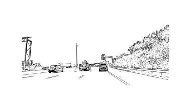 Medford 'un simgesi olan Print Building View Oregon' da bulunmaktadır. Vektörde elle çizilmiş çizim çizimi.