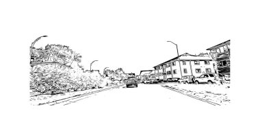 Medford 'un simgesi olan Print Building View Oregon' da bulunmaktadır. Vektörde elle çizilmiş çizim çizimi.