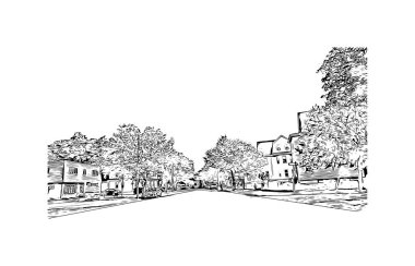 Medford 'un simgesi olan Print Building View Oregon' da bulunmaktadır. Vektörde elle çizilmiş çizim çizimi.