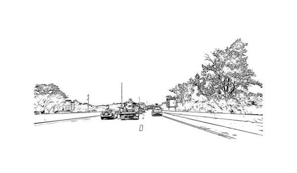 带有梅德福德地标的印刷建筑景观是俄勒冈州的一座城市 矢量手绘草图 — 图库矢量图片