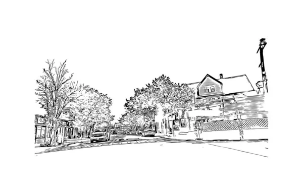 印刷メドフォードのランドマークとビルの景色はオレゴン州の街です 手描きのスケッチ図ベクトル — ストックベクタ