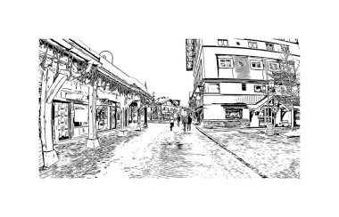 Print Building view with landmark of Megeve is the commune in France. Vektörde elle çizilmiş çizim çizimi.