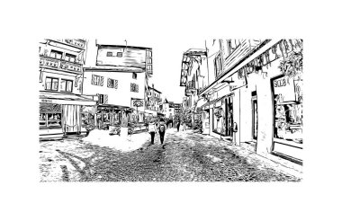 Print Building view with landmark of Megeve is the commune in France. Vektörde elle çizilmiş çizim çizimi.