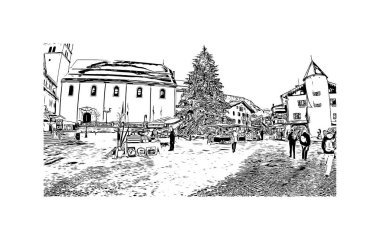 Print Building view with landmark of Megeve is the commune in France. Vektörde elle çizilmiş çizim çizimi.