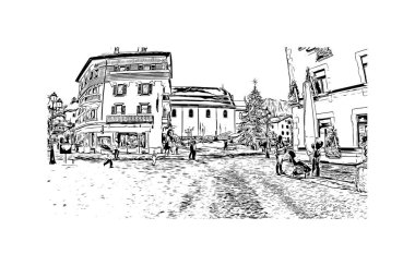 Print Building view with landmark of Megeve is the commune in France. Vektörde elle çizilmiş çizim çizimi.