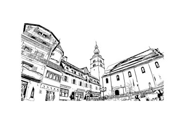 Print Building view with landmark of Megeve is the commune in France. Vektörde elle çizilmiş çizim çizimi.