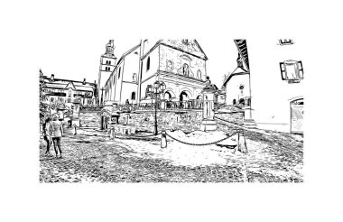 Print Building view with landmark of Megeve is the commune in France. Vektörde elle çizilmiş çizim çizimi.