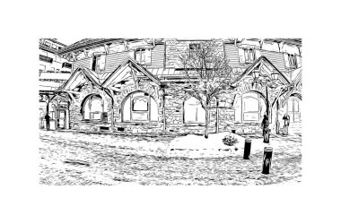 Print Building view with landmark of Megeve is the commune in France. Vektörde elle çizilmiş çizim çizimi.