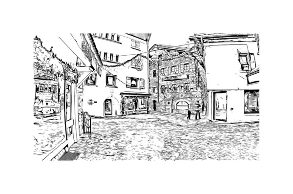 Print Building View Landmark Megeve Commune France Hand Drawn Sketch — Stock Vector