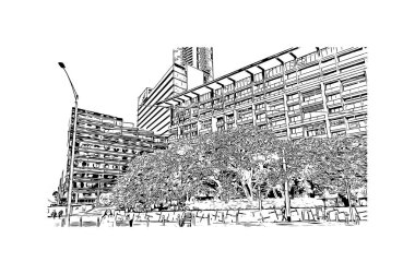 Matbaa, Avustralya 'da Melbourne şehrinin simgesi olan bir şehirdir. Vektörde elle çizilmiş çizim çizimi.