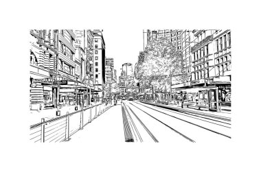 Matbaa, Avustralya 'da Melbourne şehrinin simgesi olan bir şehirdir. Vektörde elle çizilmiş çizim çizimi.