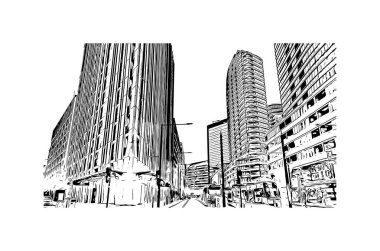 Matbaa, Avustralya 'da Melbourne şehrinin simgesi olan bir şehirdir. Vektörde elle çizilmiş çizim çizimi.