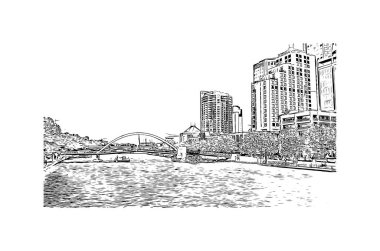 Matbaa, Avustralya 'da Melbourne şehrinin simgesi olan bir şehirdir. Vektörde elle çizilmiş çizim çizimi.