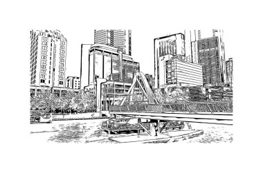 Matbaa, Avustralya 'da Melbourne şehrinin simgesi olan bir şehirdir. Vektörde elle çizilmiş çizim çizimi.