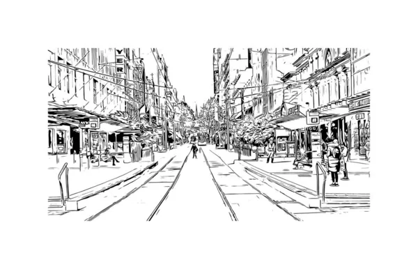 Imprimir Vista Del Edificio Con Hito Melbourne Ciudad Australia Dibujo — Archivo Imágenes Vectoriales