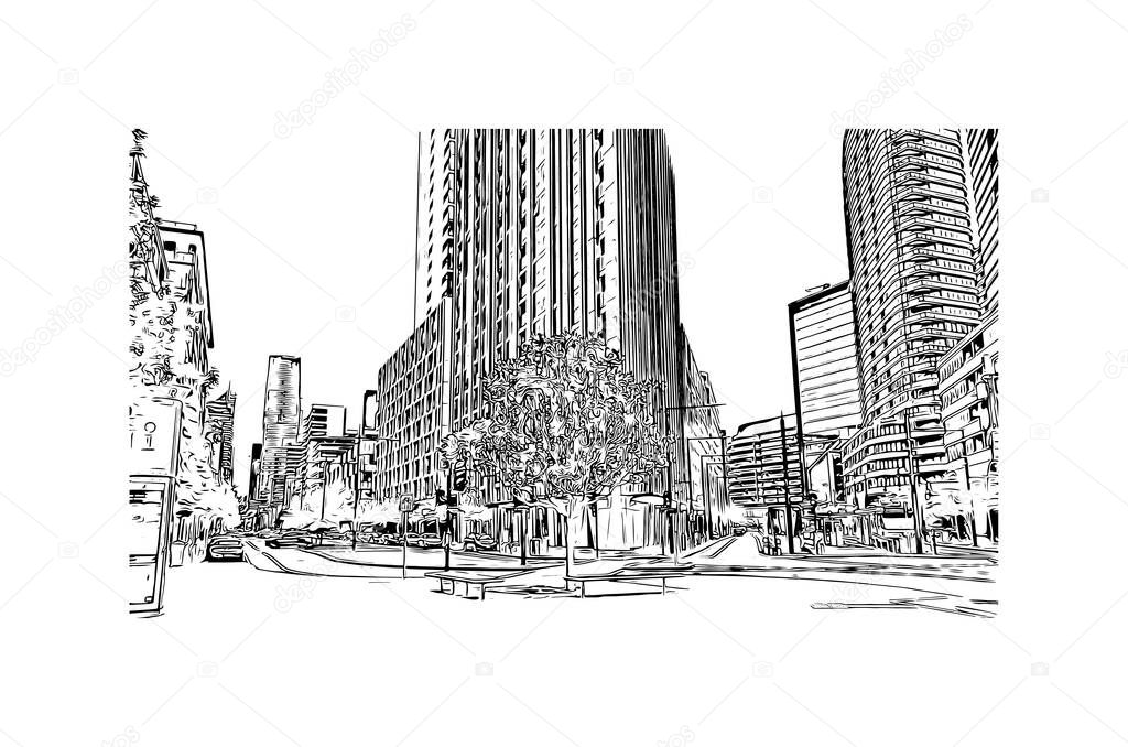 Print  Building view with landmark of Melbourne is the city in Australia. Hand drawn sketch illustration in vector.