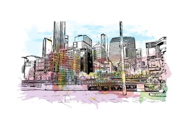 Matbaa, Avustralya 'da Melbourne şehrinin simgesi olan bir şehirdir. Vektörde elle çizilmiş resim ile suluboya sıçraması.