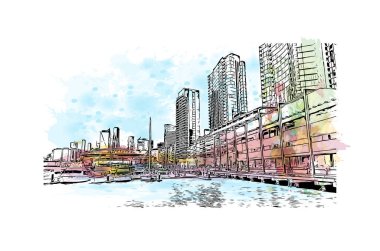 Matbaa, Avustralya 'da Melbourne şehrinin simgesi olan bir şehirdir. Vektörde elle çizilmiş çizim çizimi.