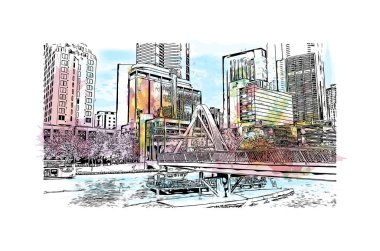 Matbaa, Avustralya 'da Melbourne şehrinin simgesi olan bir şehirdir. Vektörde elle çizilmiş çizim çizimi.