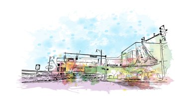 Print Building view with landmark of Memphis is the city in Tennessee. Vektörde elle çizilmiş resim ile suluboya sıçraması.