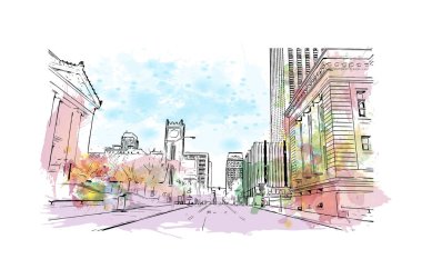 Print Building view with landmark of Memphis is the city in Tennessee. Vektörde elle çizilmiş resim ile suluboya sıçraması.