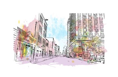 Print Building view with landmark of Memphis is the city in Tennessee. Vektörde elle çizilmiş resim ile suluboya sıçraması.