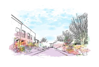 Print Building view with landmark of Memphis is the city in Tennessee. Vektörde elle çizilmiş resim ile suluboya sıçraması.