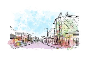 Print Building view with landmark of Memphis is the city in Tennessee. Vektörde elle çizilmiş resim ile suluboya sıçraması.