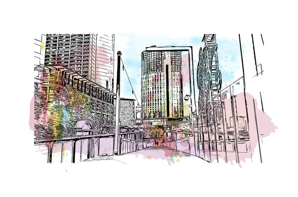 Print Building Vista Com Marco Melbourne Cidade Austrália Desenho Desenhado — Vetor de Stock