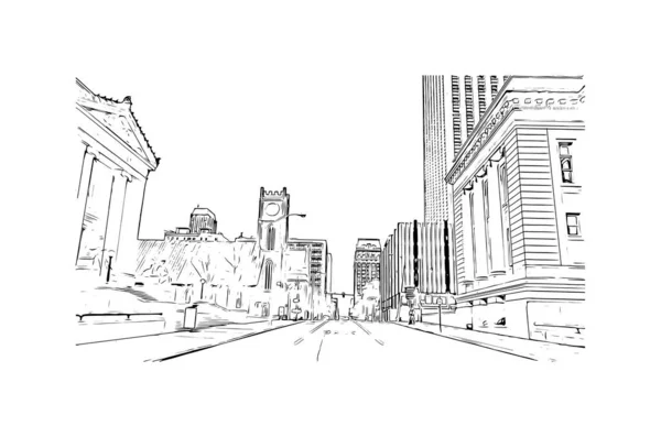 Drukuj Widok Budynku Zabytkiem Memphis Miasto Tennessee Ręcznie Rysowany Szkic — Wektor stockowy