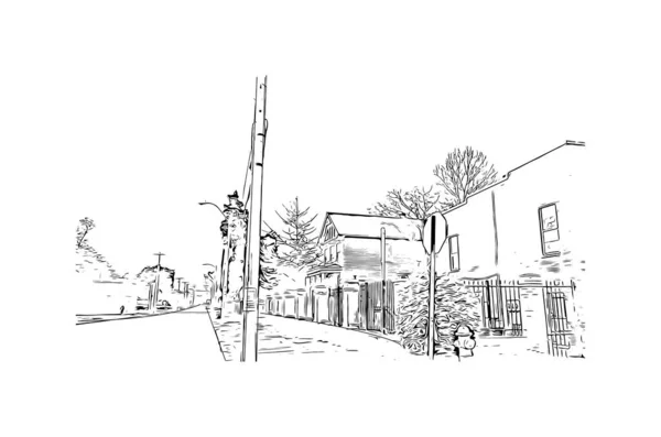 Print Building Vista Com Marco Memphis Cidade Tennessee Desenho Desenhado —  Vetores de Stock