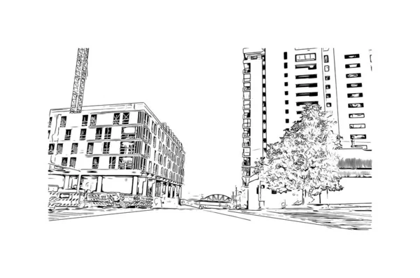 Print Building Vista Com Marco Memphis Cidade Tennessee Desenho Desenhado — Vetor de Stock