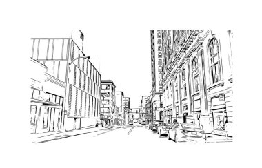 Print Building view with landmark of Memphis is the city in Tennessee. Vektörde elle çizilmiş çizim çizimi.