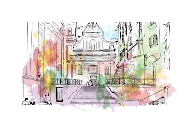 Print Building view with landmark of Menton is the Communes in France. Vektörde elle çizilmiş resim ile suluboya sıçraması.