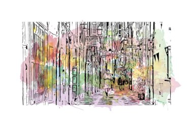 Print Building view with landmark of Menton is the Communes in France. Vektörde elle çizilmiş resim ile suluboya sıçraması.