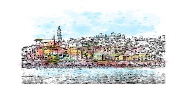 Print Building view with landmark of Menton is the Communes in France. Vektörde elle çizilmiş resim ile suluboya sıçraması.