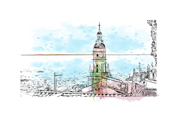 덴튼의 랜드마크가 프랑스의 코뮌이다 벡터에 손으로 스케치 수채화 물보라 — 스톡 벡터