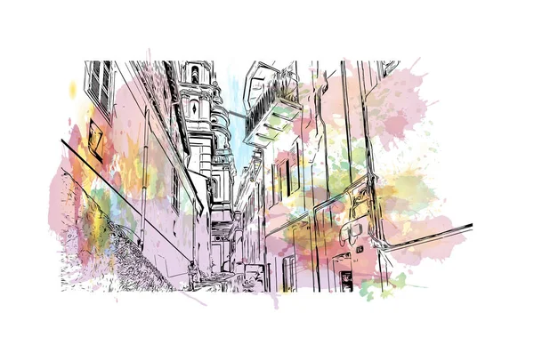 Imprimer Commune Menton Est Située France Aquarelle Éclaboussure Avec Dessin — Image vectorielle