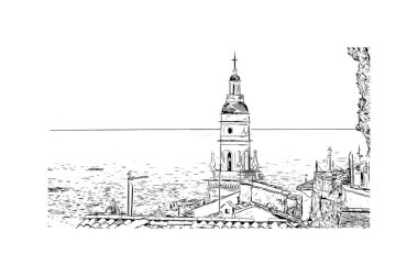 Print Building view with landmark of Menton is the Communes in France. Vektörde elle çizilmiş çizim çizimi.
