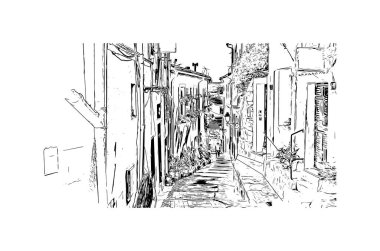 Print Building view with landmark of Menton is the Communes in France. Vektörde elle çizilmiş çizim çizimi.