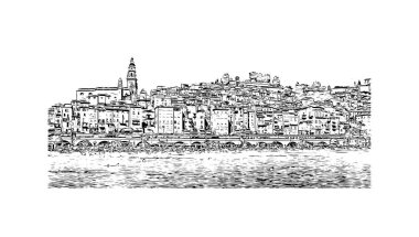 Print Building view with landmark of Menton is the Communes in France. Vektörde elle çizilmiş çizim çizimi.