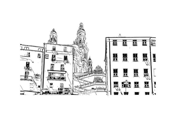 Print Building View Landmark Menton Kommunen Frankrike Handritad Skiss Illustration — Stock vektor