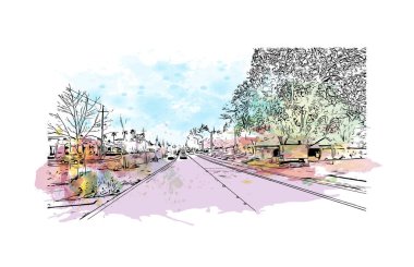 Merced 'in simgesi olan Print Building View Kaliforniya' da bulunmaktadır. Vektörde elle çizilmiş resim ile suluboya sıçraması.