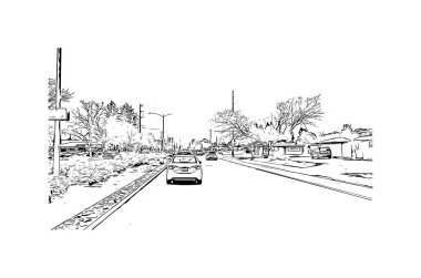 Merced 'in simgesi olan Print Building View Kaliforniya' da bulunmaktadır. Vektörde elle çizilmiş çizim çizimi.