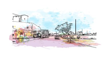 Meridian 'ın simgesi olan Print Building View Mississippi' de bulunmaktadır. Vektörde elle çizilmiş resim ile suluboya sıçraması. 