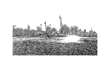 Meridian 'ın simgesi olan Print Building View Mississippi' de bulunmaktadır. Vektörde elle çizilmiş çizim çizimi. 